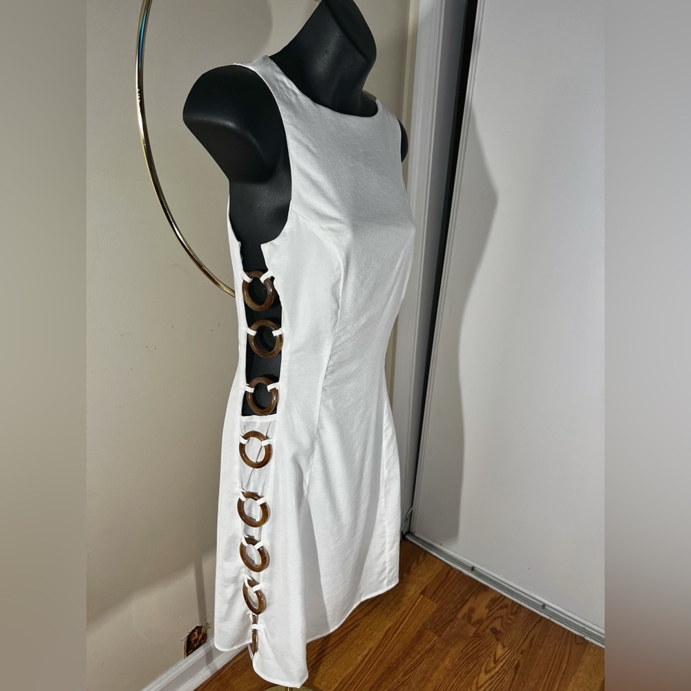 Lulu's White Mini Dress with Brown Ring-Accent Side Detail